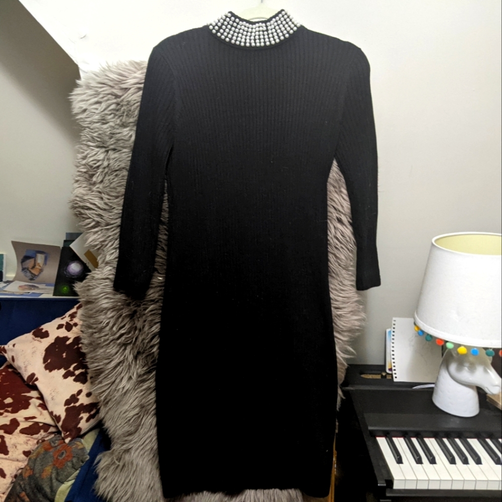 Vintage Calvin Klein Pearl Turtleneck Black Sweater Dress, medium